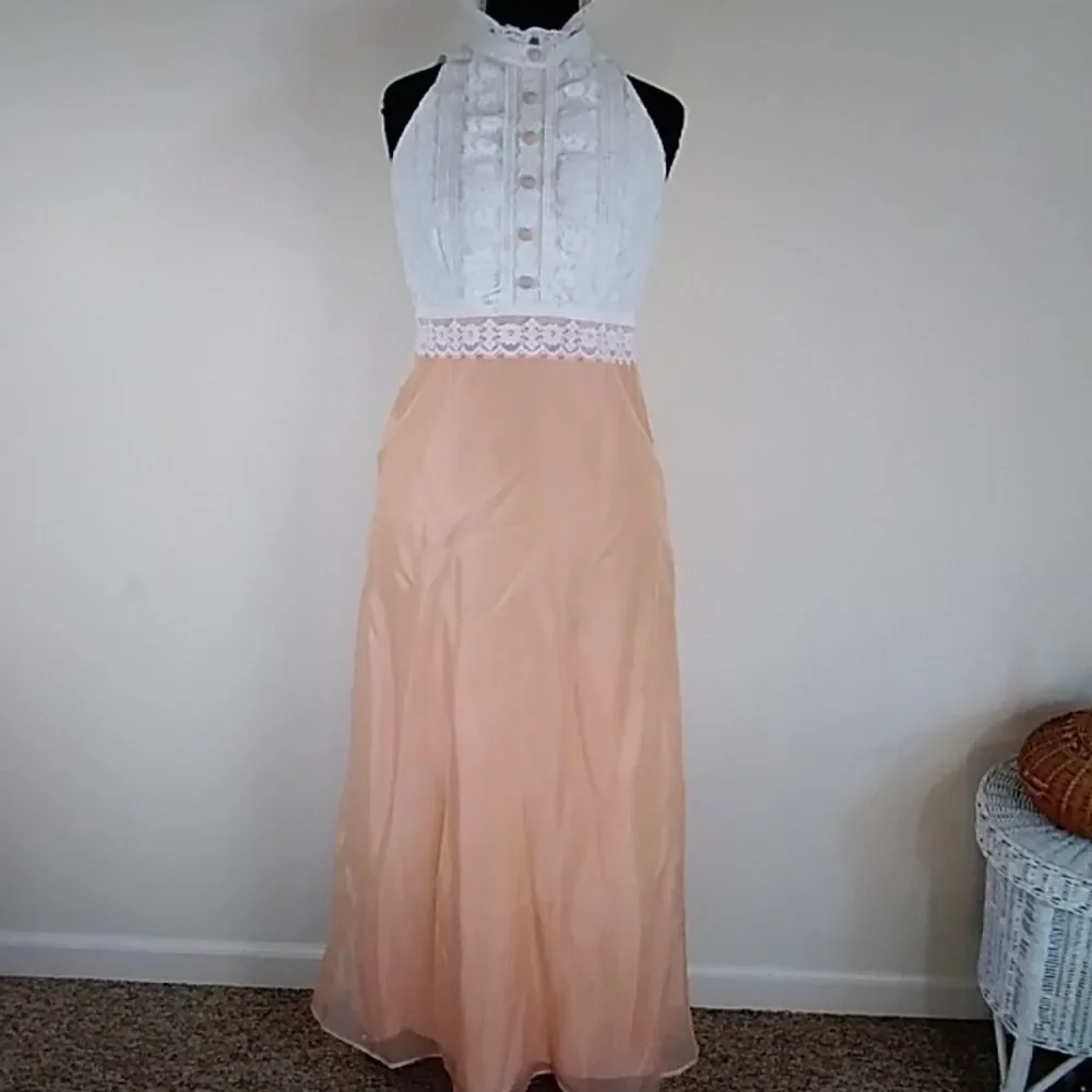 VTG,HANDMADE PEACH PINK ORANGE LACE FORMAL WOMEN DRESS SIZE SMALL APPROXIMATE